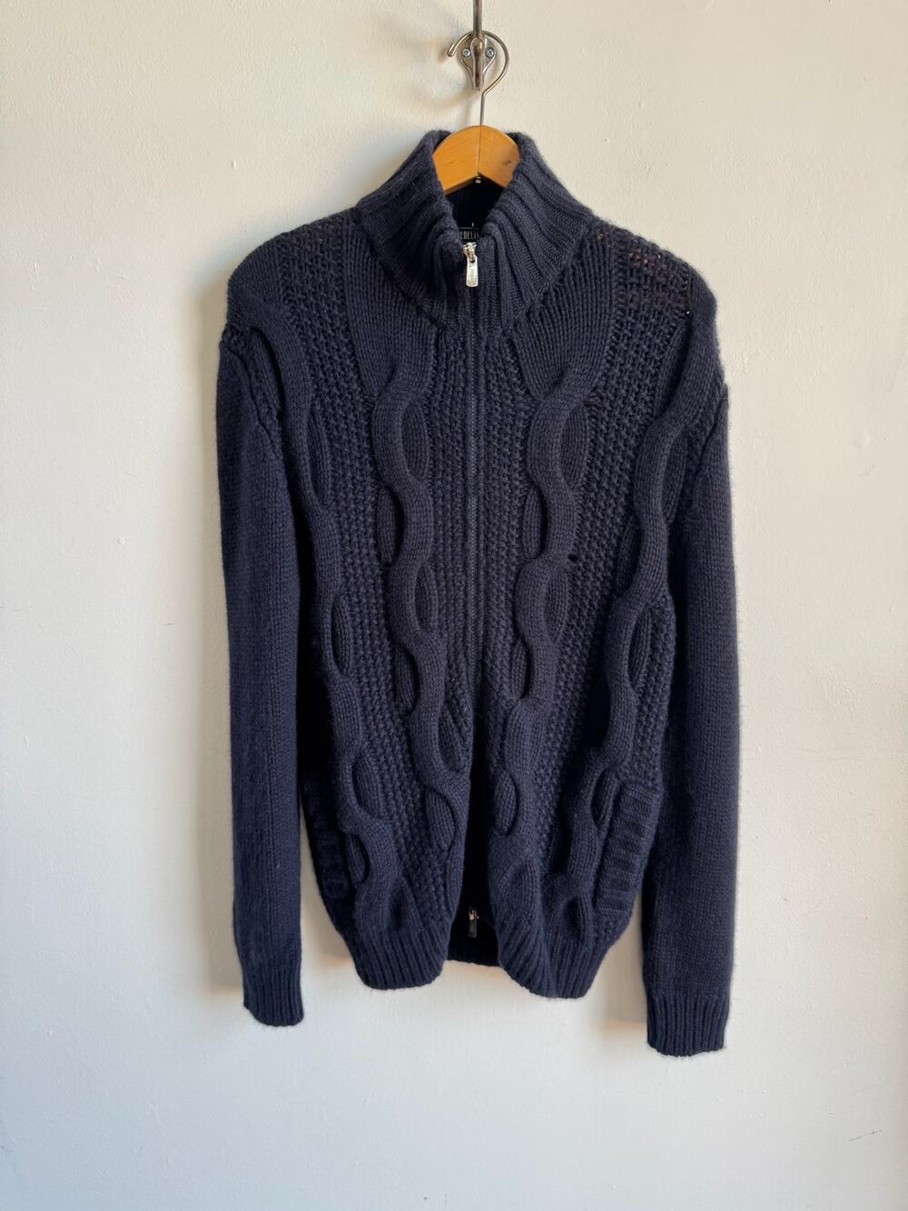 FEDELI Cable Knit Cashmere Zip-up Sweater in Navy